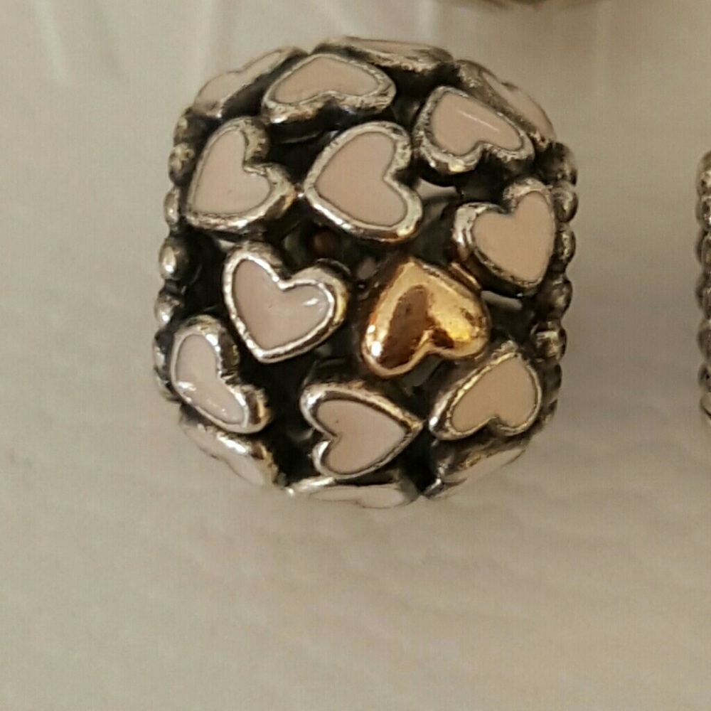 Authentic Pandora multi enamel pink hearts w/14k g